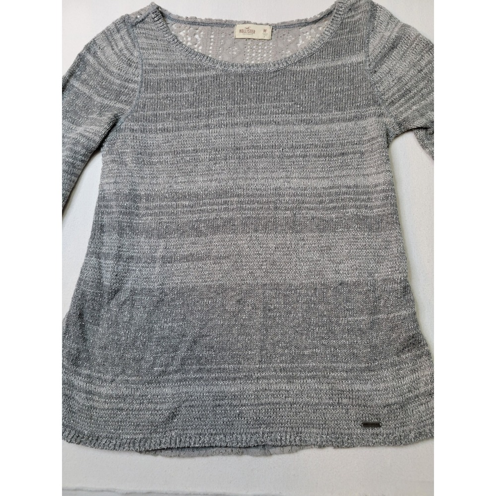 Hollister Womens Metallic Silver Knit Sweater Lace Back Long Sleeve Grey Med 738